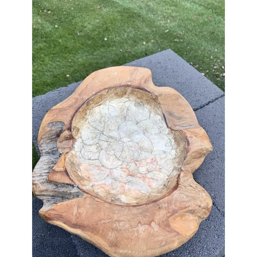 Teak Root Wood Bowl Capiz Shell Inlay 17”Handmade Decorative Centerpiece